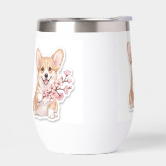 Joli Corgi avec branche de fleurs de cerisier