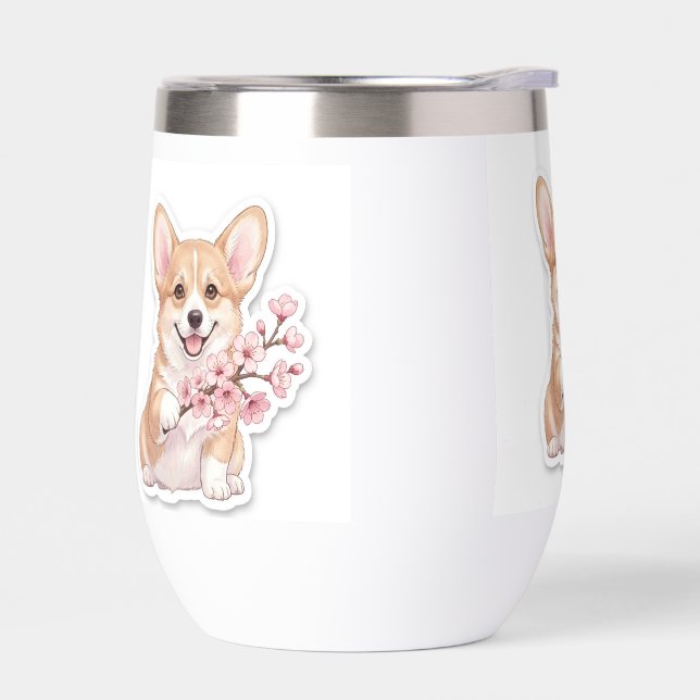 Joli Corgi avec branche de fleurs de cerisier (Gauche)