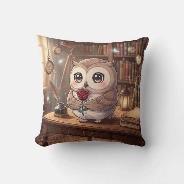Joli Coussin de Bibliothèque Rose à la Chouette (Recto)