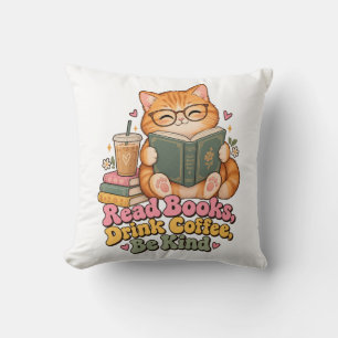 Joli Coussin de Chat Dodu Lisant un Livre et Café