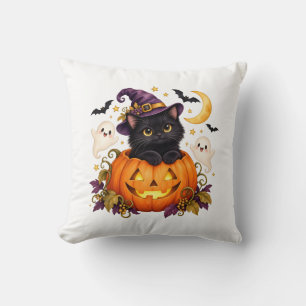 Joli Coussin de Halloween Citrouille Chat Noir