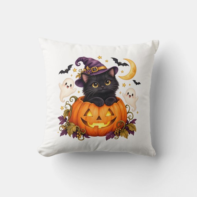Joli Coussin de Halloween Citrouille Chat Noir (Recto)
