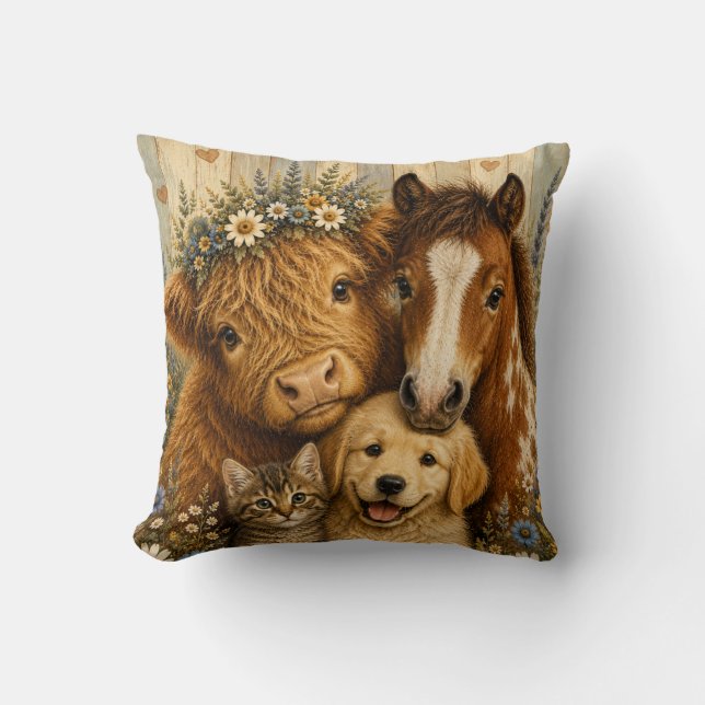 Joli Coussin de Jeté Floral d'Animaux de Ferme (Recto)