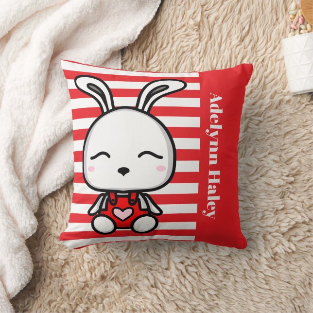 Joli Coussin de Jeté Lapin Rouge Rayé (Couverture)