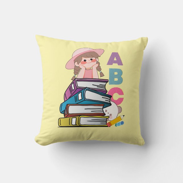 Joli Coussin de Lancer Fille Livres ABC  (Recto)