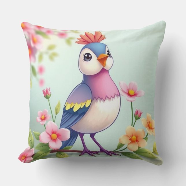 Joli Coussin Décoratif Fleur Oiseau Rose Bleu (Recto)