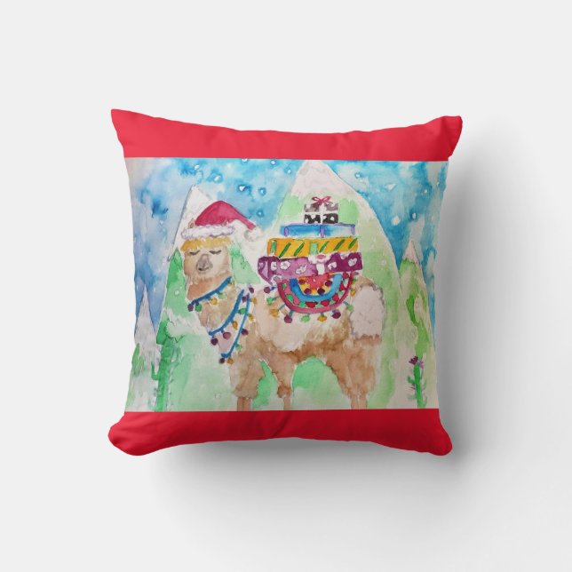 Joli coussin décoratif lama de Noël aquarelle roug (Recto)