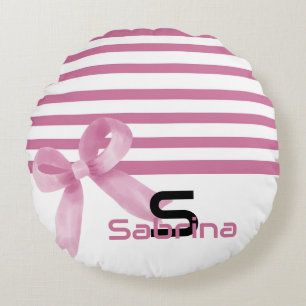 Joli Coussin Rond à Rayures avec Nœud Rose en Aqua