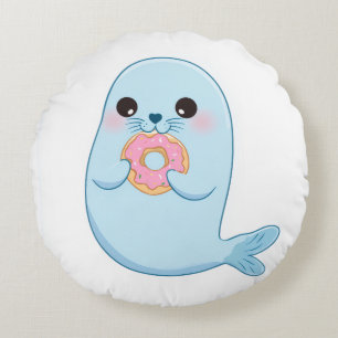 Joli coussin rond avec un donut et un sceau bleu 
