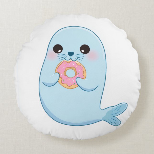 Joli coussin rond avec un donut et un sceau bleu  (Devant)
