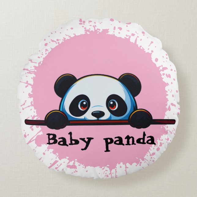 Joli Coussin Rond Bébé Panda Rose éclaboussé (Devant)