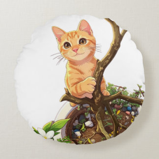 Joli Coussin Rond Chat Orange
