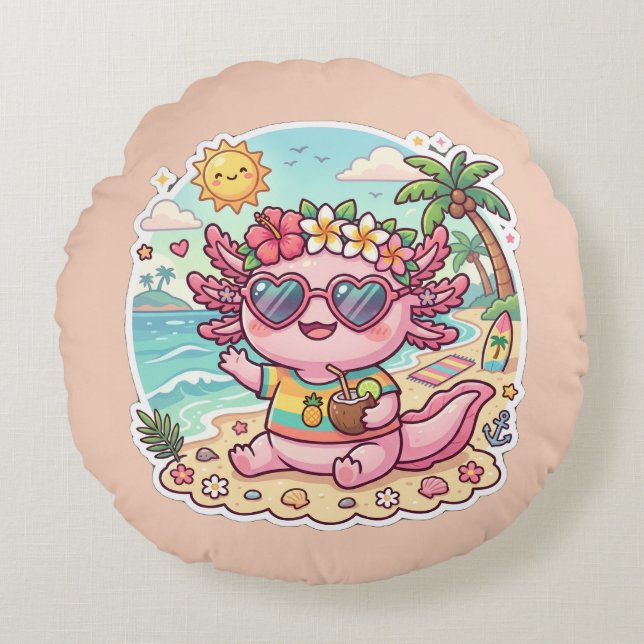 Joli coussin rond d'axolotl de plage pour les vaca (Devant)