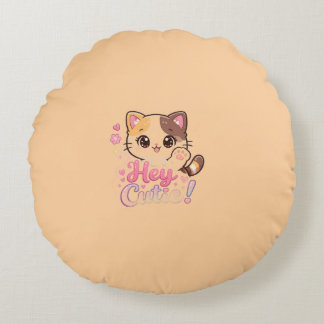 Joli Coussin Rond « Hey Cutie » avec Chat Kawaii