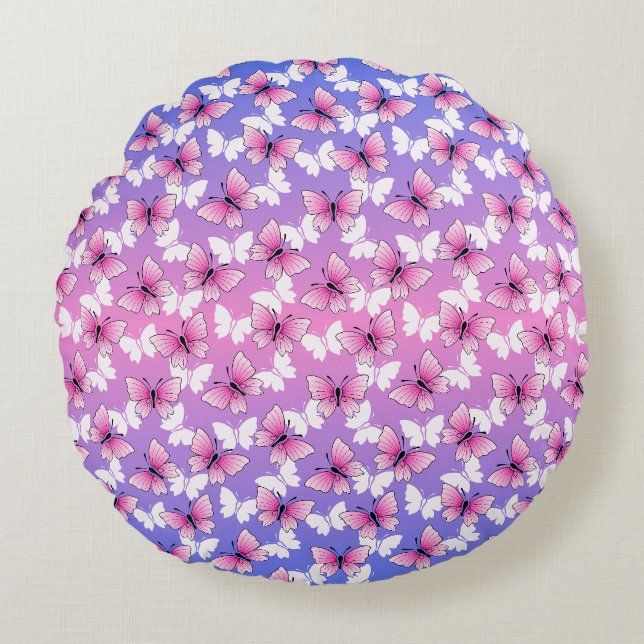 Joli Coussin Rond Papillon Rose et Blanc (Devant)