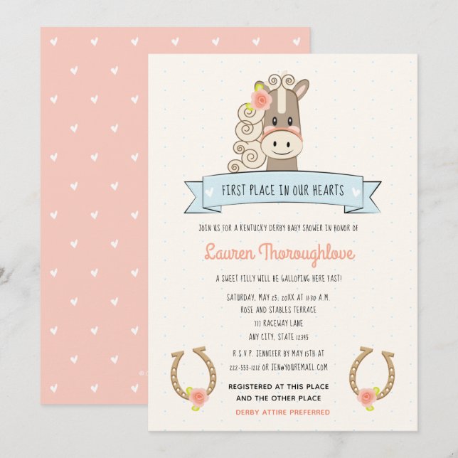 Joli Derby Cheval Baby Douche Invitations Fille (Devant / Derrière)