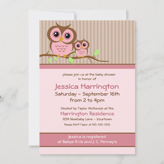 Joli dessin Chouette rose Bébé Douche Invitations (Devant)