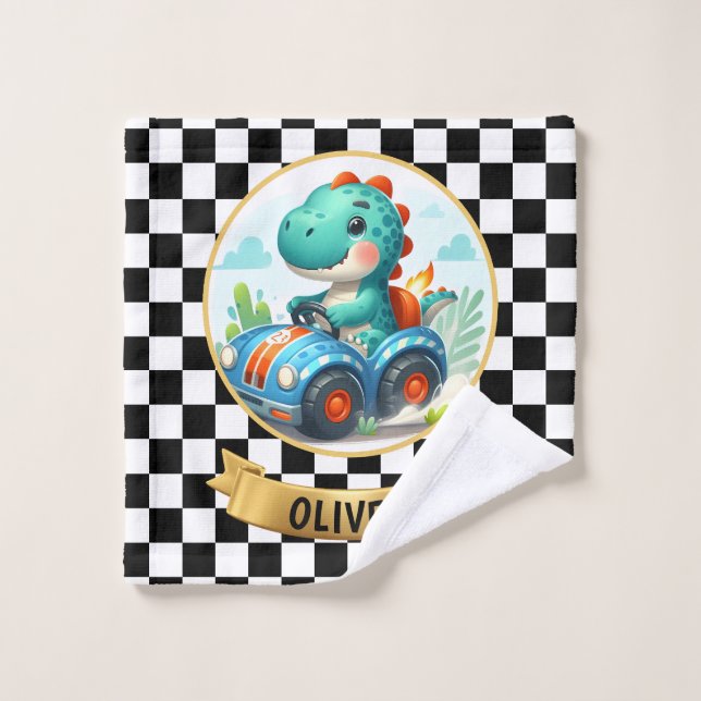 Joli Dino Conduisant une Voiture de Course (Gant de toilette)