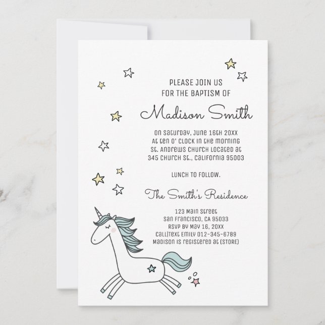 Joli Doodle Unicorn et étoiles Baptême Invitation (Devant)