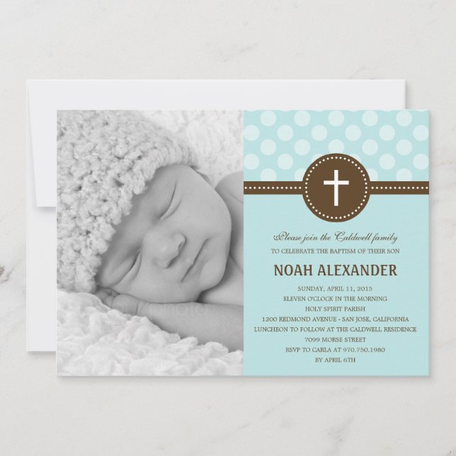 Joli Dots Photo Christening Invitation Bleu (Devant)