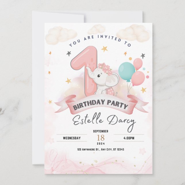 Joli éléphant 1er anniversaire invitation fête (Devant)