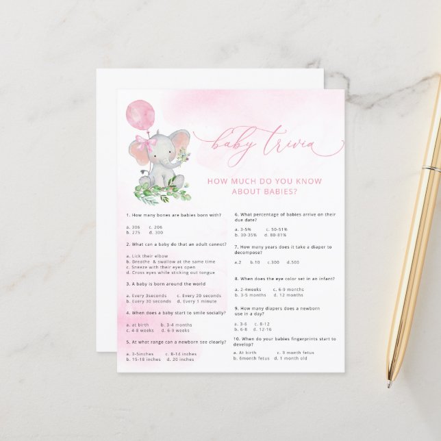 Joli Eléphant Baby shower Baby Trivia Jeu (Devant/Arrière en situation)