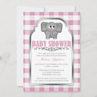 Joli Eléphant rose En vichy bébé Douche Invitation
