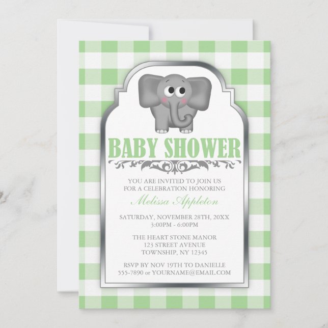 Joli éléphant vert En vichy Baby shower Invitation (Devant)