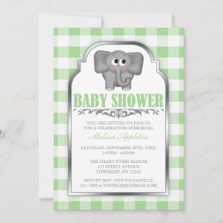 Joli éléphant vert En vichy Baby shower Invitation