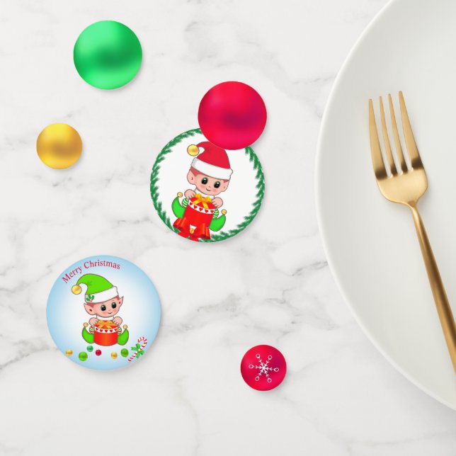 Joli elfe de Noël et confettis dorés verts et roug (Groupe)
