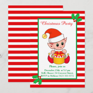 Joli elfe de Noël sur invitation de fête rouge et