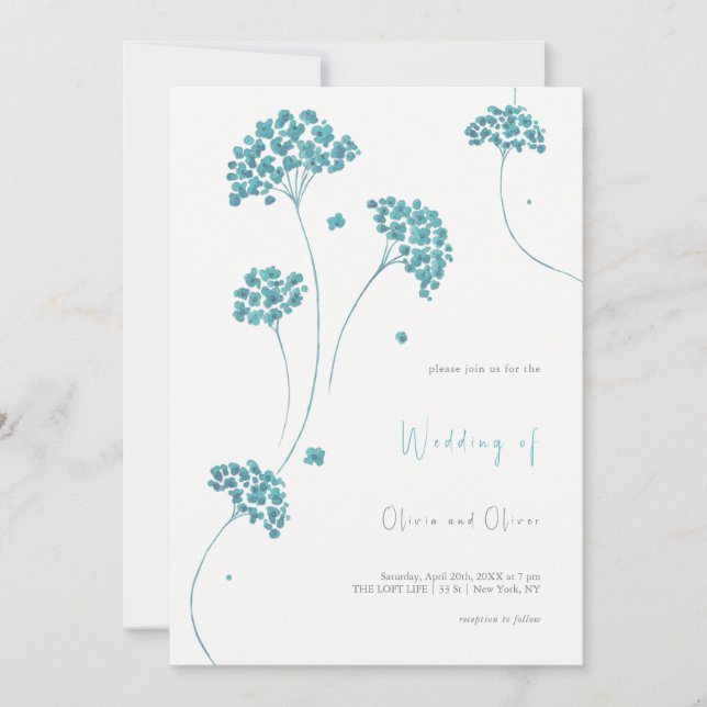 Joli Faire-part de mariage aux fleurs turquoise (Devant)