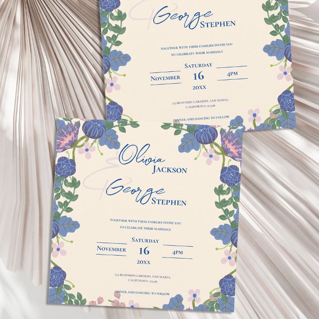 Joli Faire-part de mariage Floral Bleu & Violet (Monogram Blue & Purple Floral Wedding Invitation)