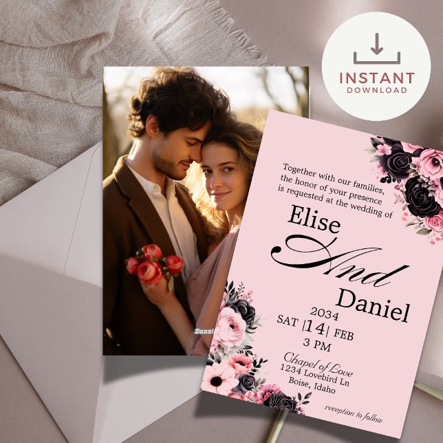 Joli Faire-part de mariage rose et noir floral (Créateur téléchargé)