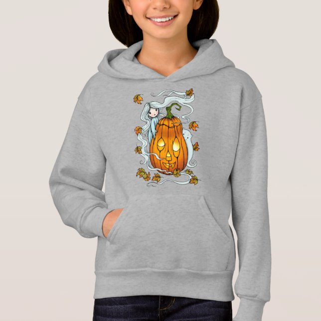 Joli fantôme et citrouille d'Halloween avec chat (Devant)