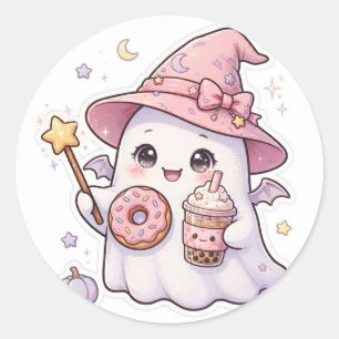 Joli fantôme rose sorcière Donut Boba Autocollant