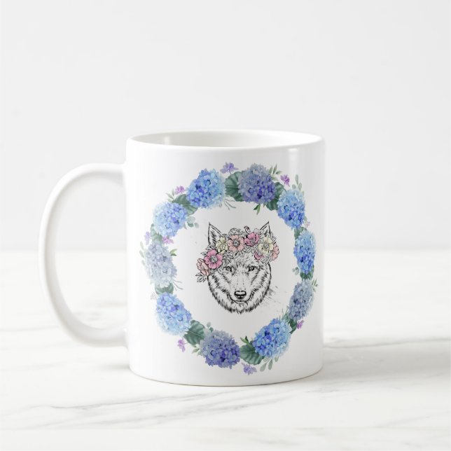 Joli floral bleu Hydrangea Wolf Mug (Gauche)