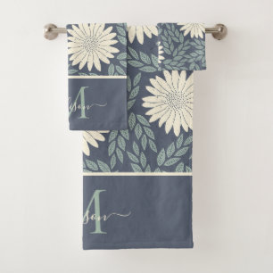 Joli Floral Navy Bleu Vert Blanc Feuillage Monogra