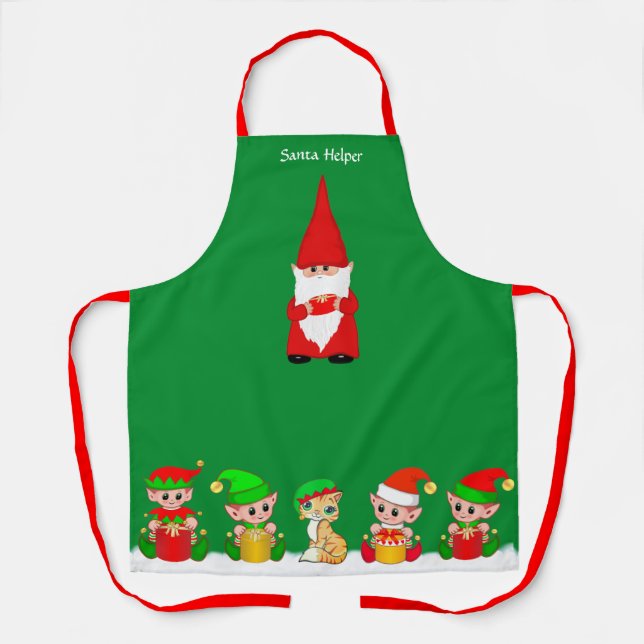 Joli gnome de Noël et équipe d'elfes sur tablier v (Recto)