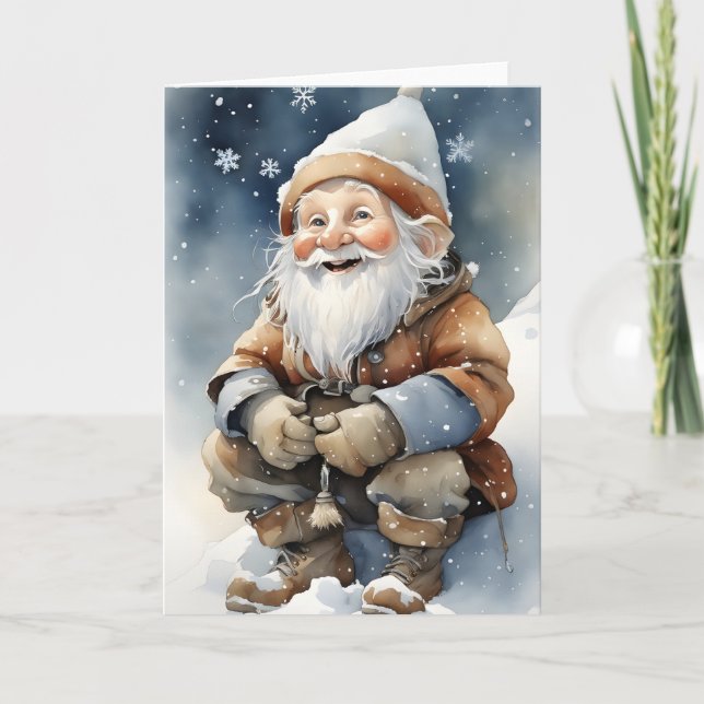 Joli Gnome En Hiver Neige Blanc plié Carte de vœux (Devant)