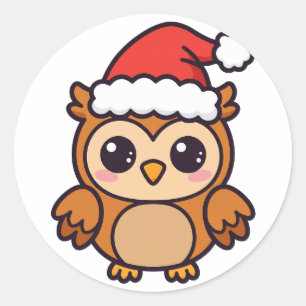 Joli hibou du Père Noël Noël Autocollant rond clas