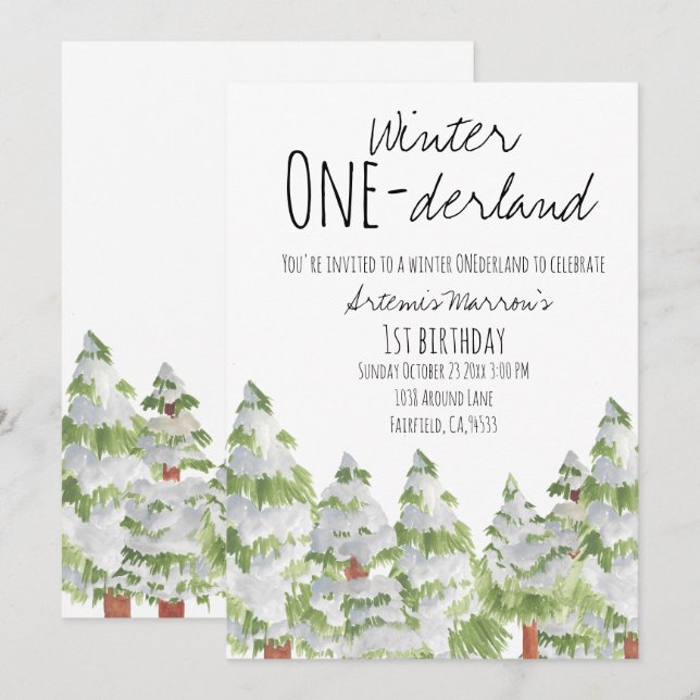 Joli hiver neige arbres enfant invitation d'annive (Devant / Derrière)