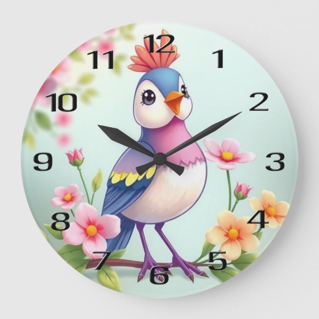 Joli Horloge Murale Fleurie Oiseau Bleu Rose (Recto)