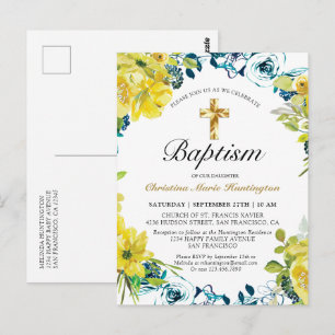 Joli jaune Floral Gold Cross Baptism Invitation
