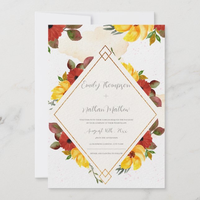 Joli jaune rouge rustique Aquarelle Mariage Floral (Devant)