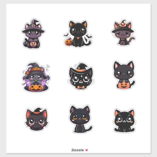 Joli jeu de stickers Chats Noirs Halloween (Feuille)