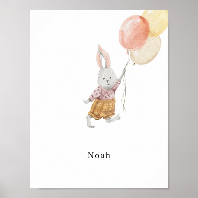 Joli lapin à l'aquarelle avec affiche de nom à bal (Devant)