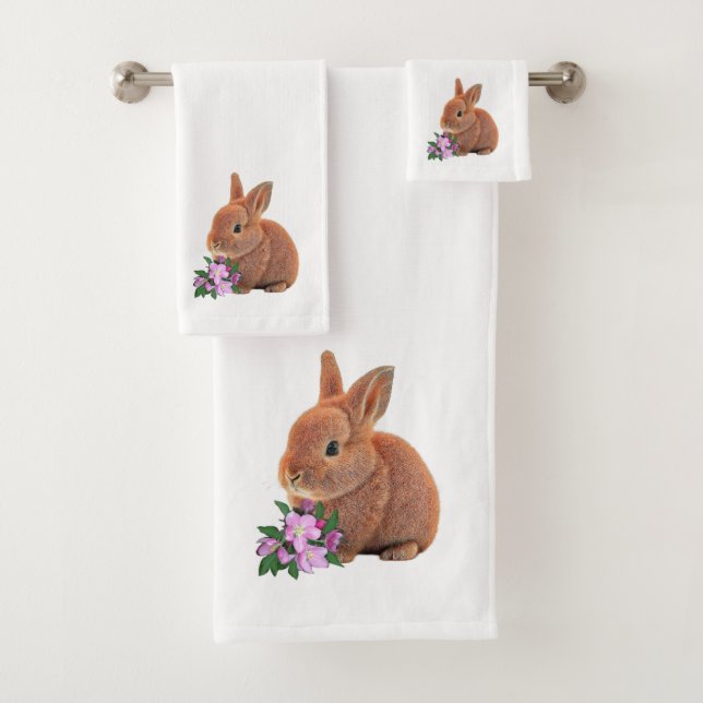 Joli lapin brun et fleurs de pommier sur fond blan (En situation)