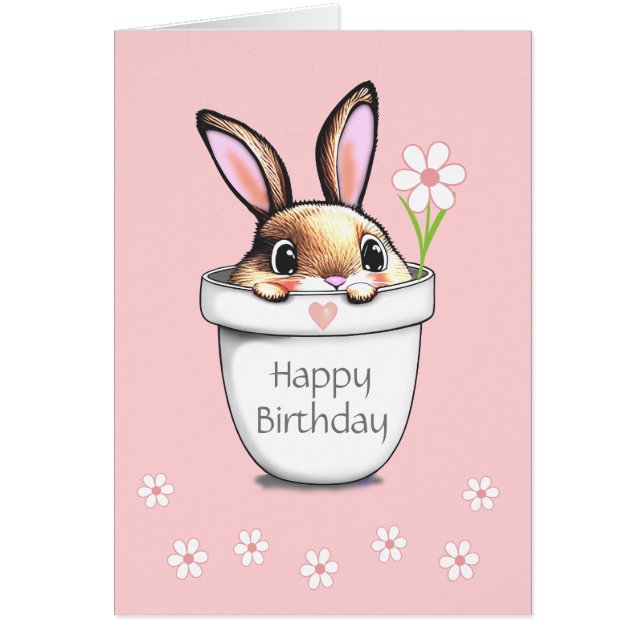 Joli lapin d'anniversaire et fleurs sur fond rose  (Devant)