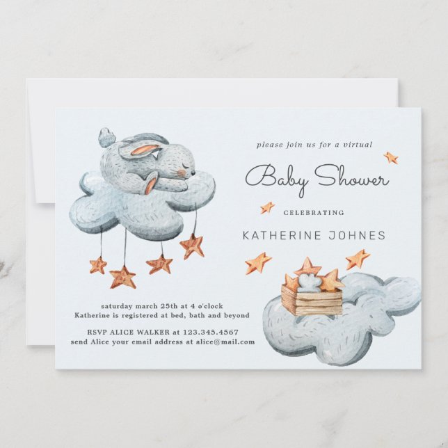 Joli lapin dans les nuages Baby shower Invitation (Devant)